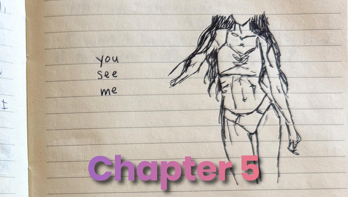 A pencil drawing of a stylized female figure with long hair