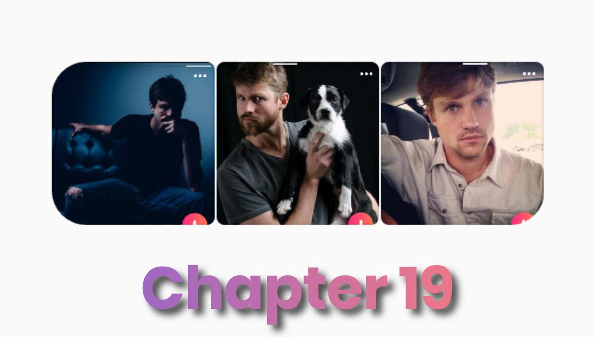 Three Tinder photos of Damien with stern faces, one holding a dog
