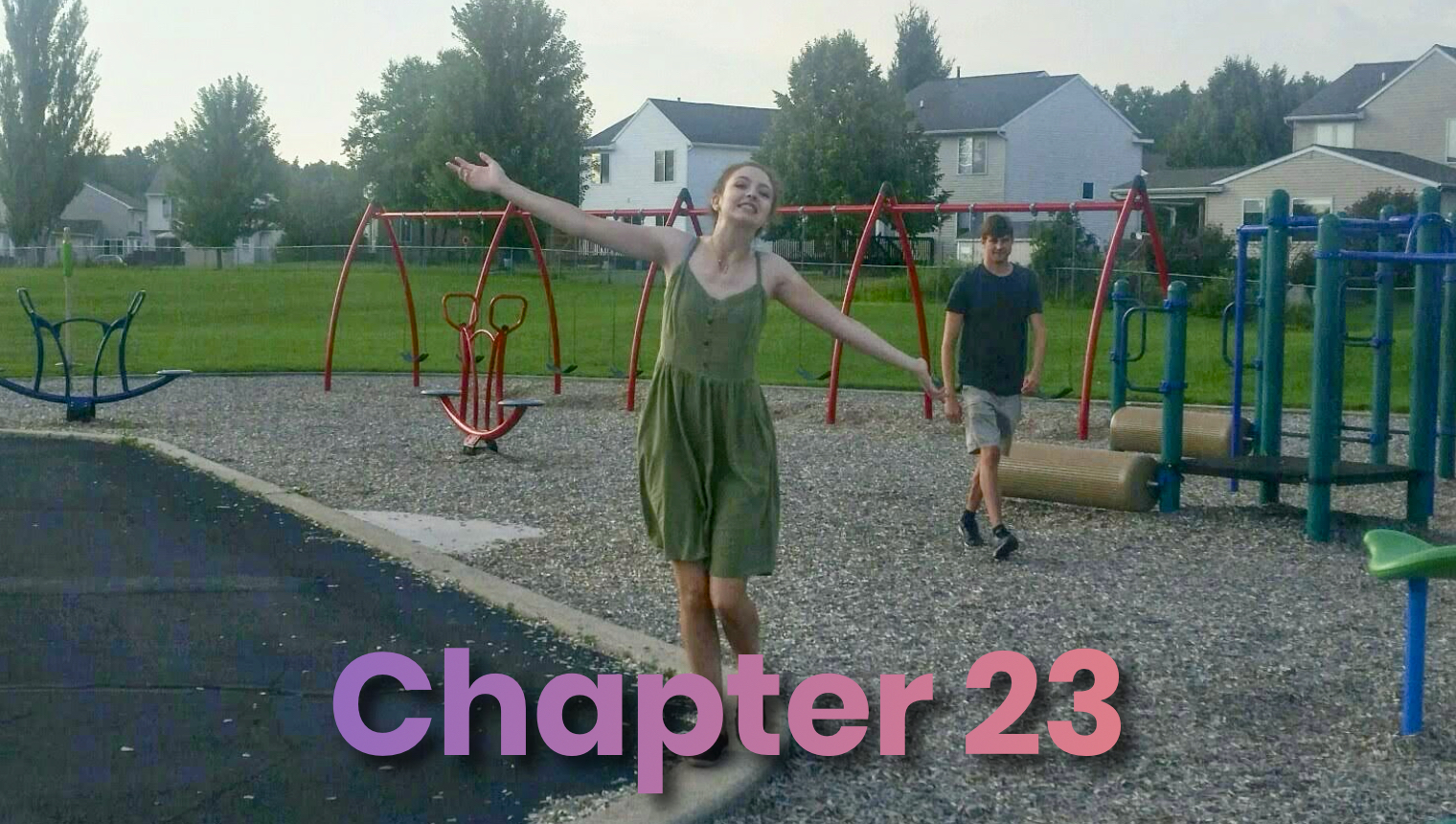 Diana, 20 years old, arms spread walking through a playground with Damien behind her