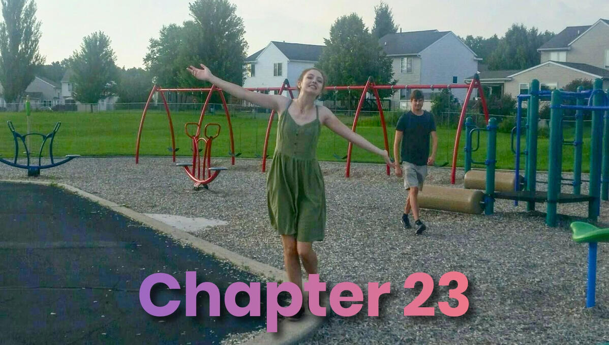 Diana Soft, 20 years old, with arms spread walking through a playground with Damien behind her.